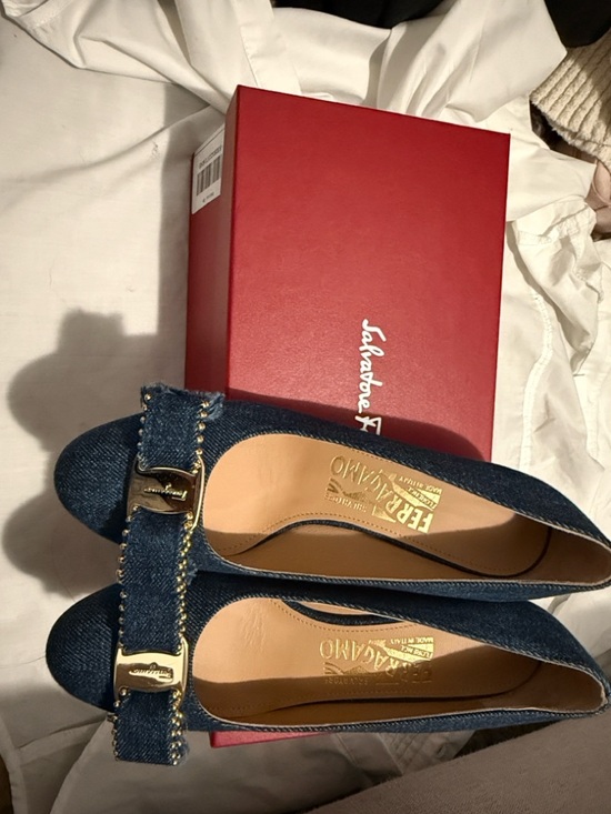 Salvatore Ferragamo Shoes - Salvatore Ferragamo Denim Vara Bow Ballet Flats in Dark Blue with Gold Hardware